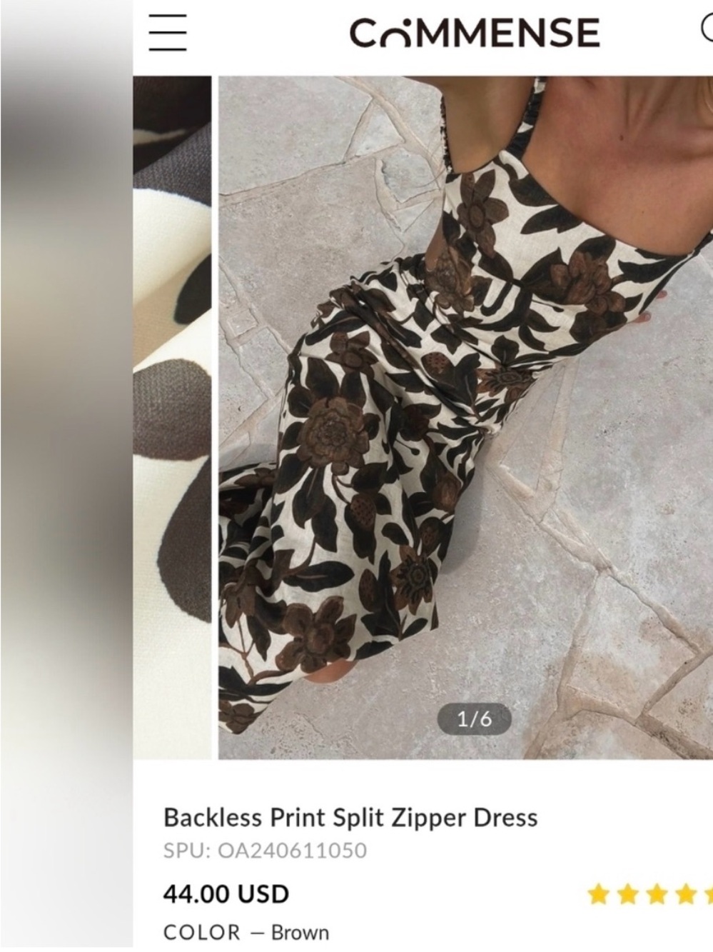 Commense Brown and Cream Floral Backless Split Dress
